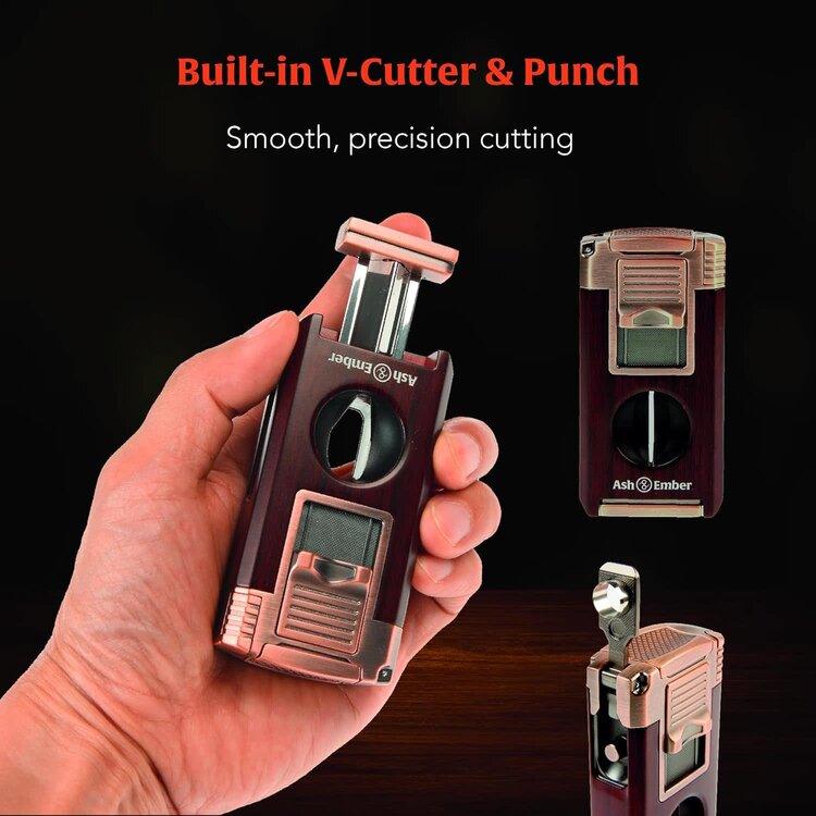 Ash & Ember Ash & Ember - Woody Cigar Lighter - Double Torch and V-Cutter and Punch