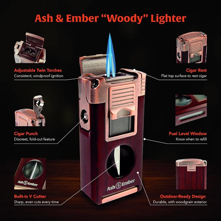 Ash & Ember Ash & Ember - Woody Cigar Lighter - Double Torch and V-Cutter and Punch