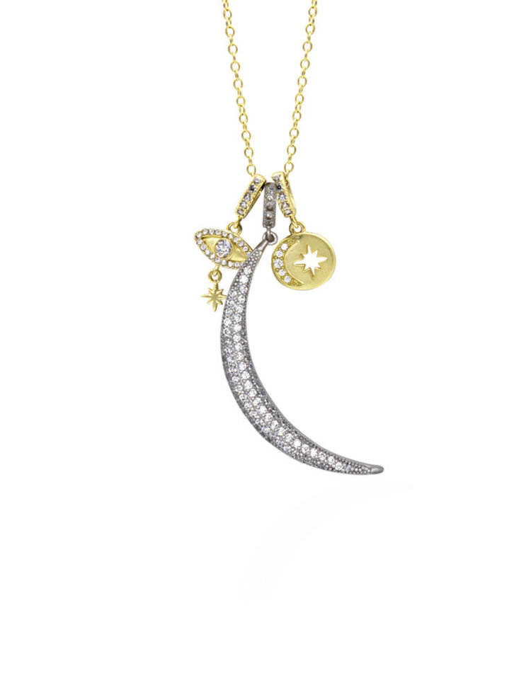 Crescent Moon Necklace Silver Plated with Side Charms
