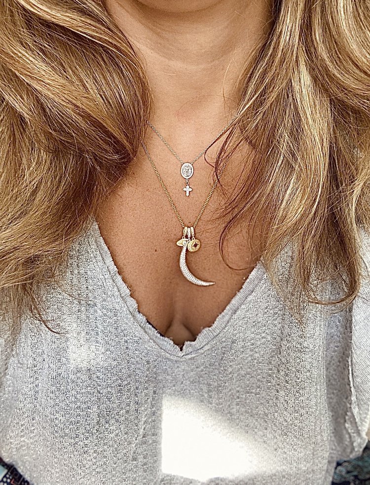 Crescent Moon Necklace Silver Plated with Side Charms