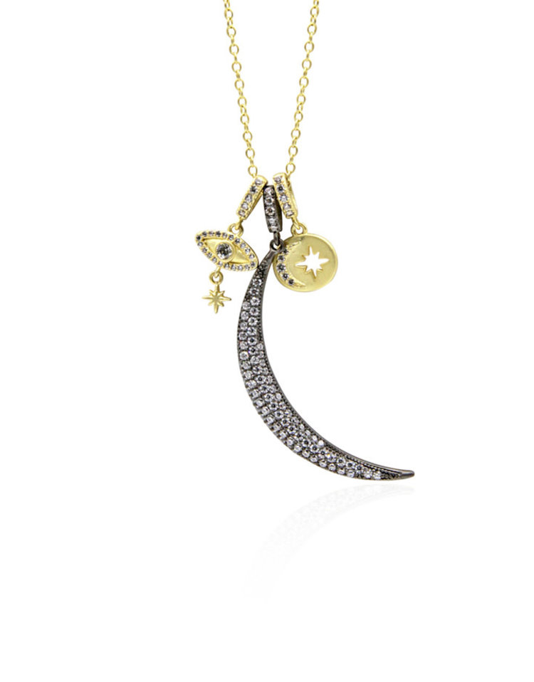 Crescent Black Rhodium Moon Gold Necklace with Side Charms