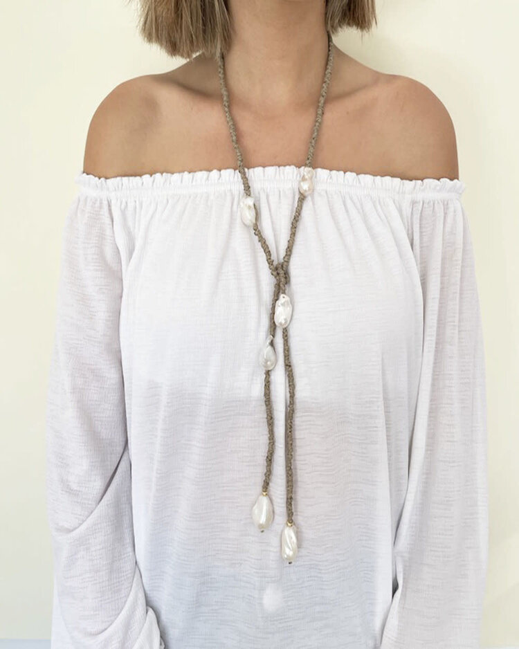 Linen Necklace with 6 Natural Pearls