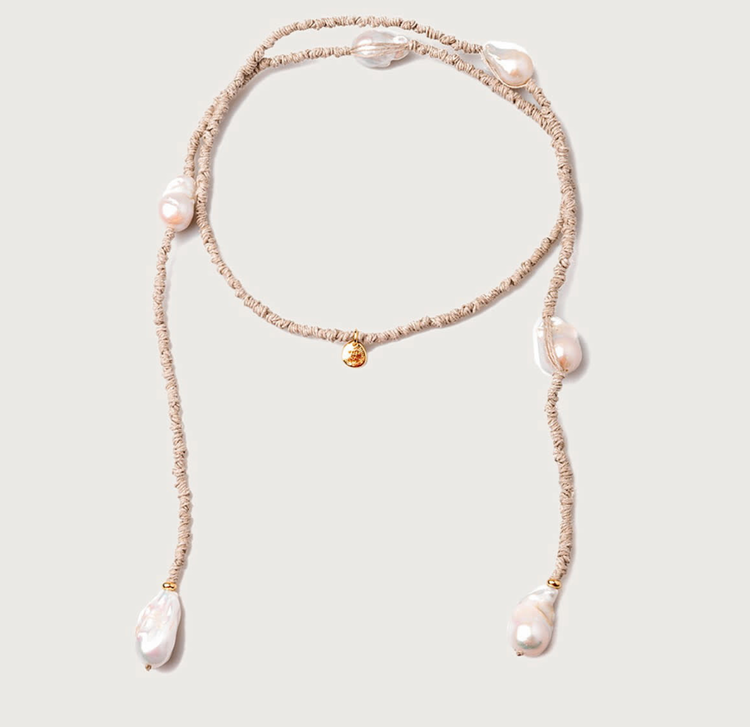 Linen Necklace with 6 Natural Pearls