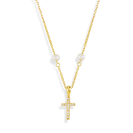 Gold Pearl & Diamonds Cross Necklace