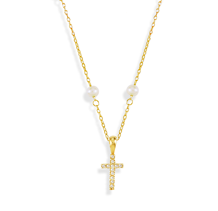 Gold Pearl & Diamonds Cross Necklace