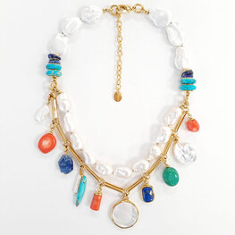 Multi Gemstone Necklace Short Gold Plated