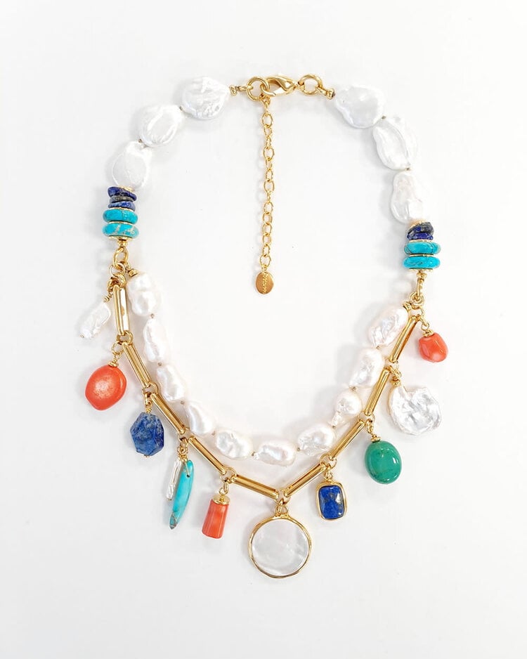 Multi Gemstone Necklace Short Gold Plated