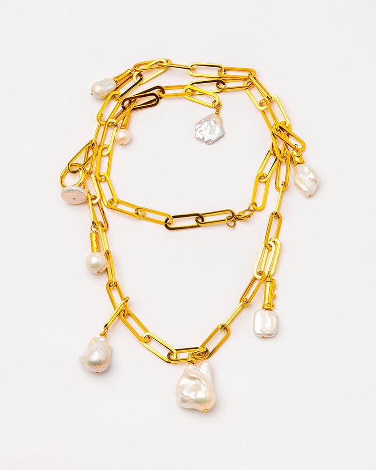 Gold Plated Link Long Necklace with freshwater Pearls