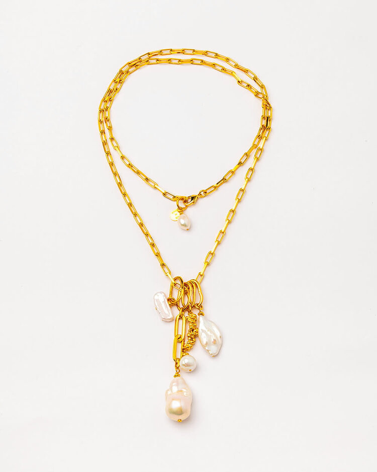 Gold Plated Long Necklace w Pearls