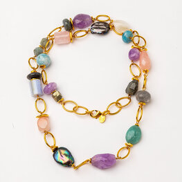 Gold Plated Link Long Necklace w quartz