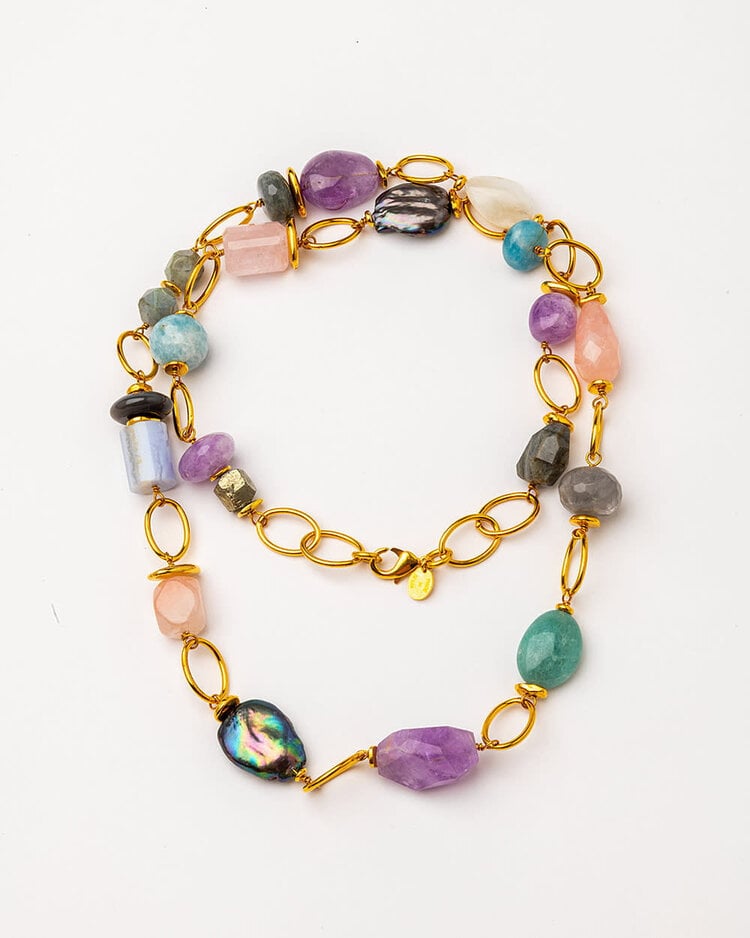 Gold Plated Link Long Necklace w quartz