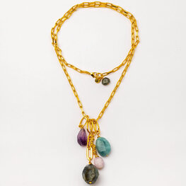 Gold Plated Link Long Necklace w Quartz