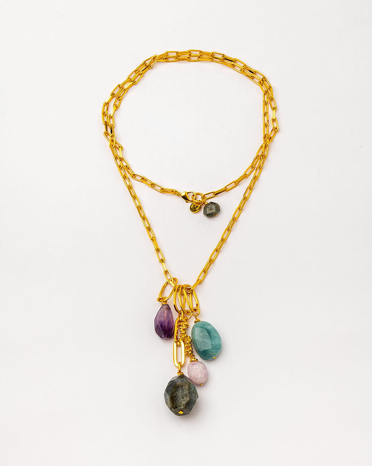 Gold Plated Link Long Necklace w Quartz