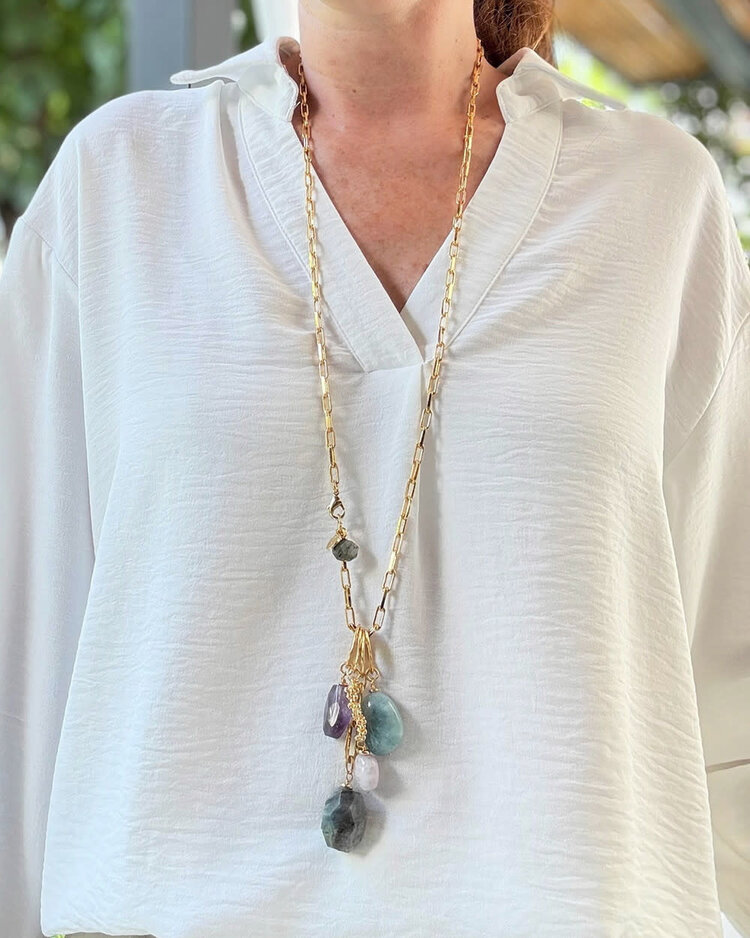 Gold Plated Link Long Necklace w Quartz