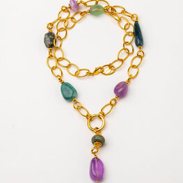 Gold Plated Link Long Necklace with Quartz