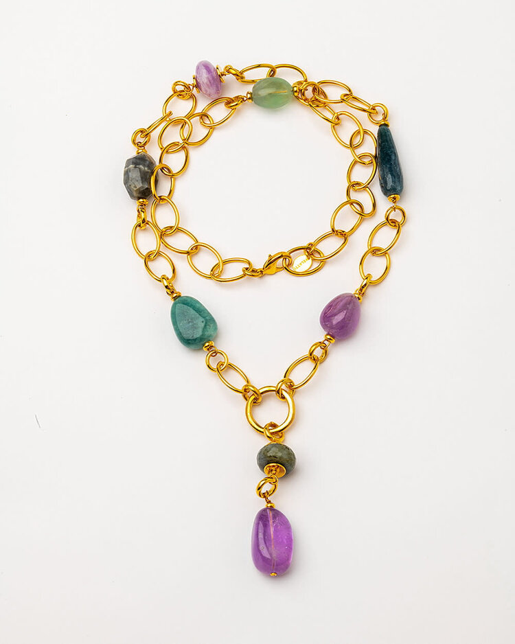 Gold Plated Link Long Necklace with Quartz