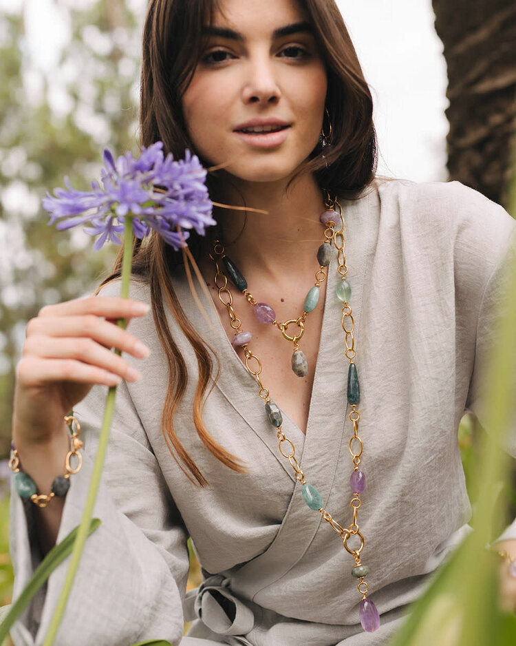 Gold Plated Link Long Necklace with Quartz