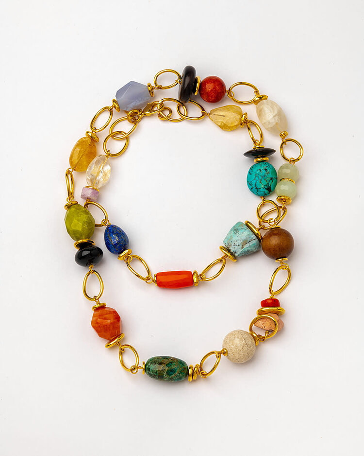 Multi Gemstones Gold Plated Long Necklace