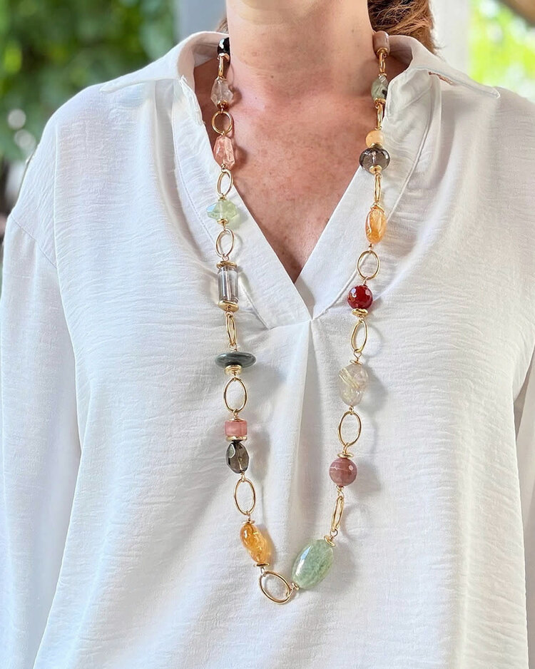 Multi Gemstones Gold Plated Long Necklace