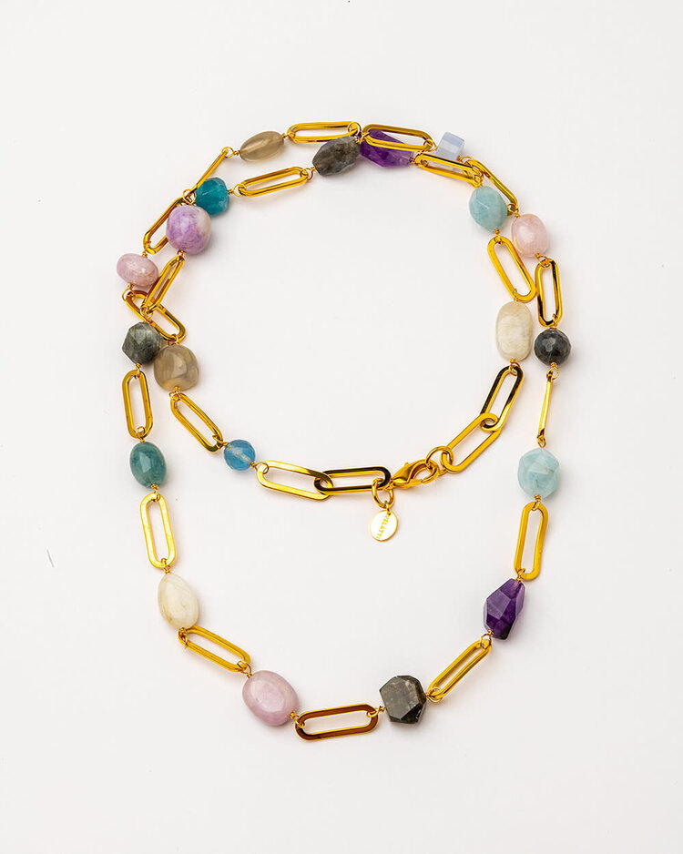 Gold Plated Long Necklace With Agates