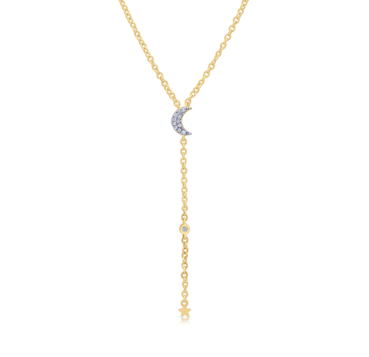 LAB Diamond Silver Lariat Necklace with Moon