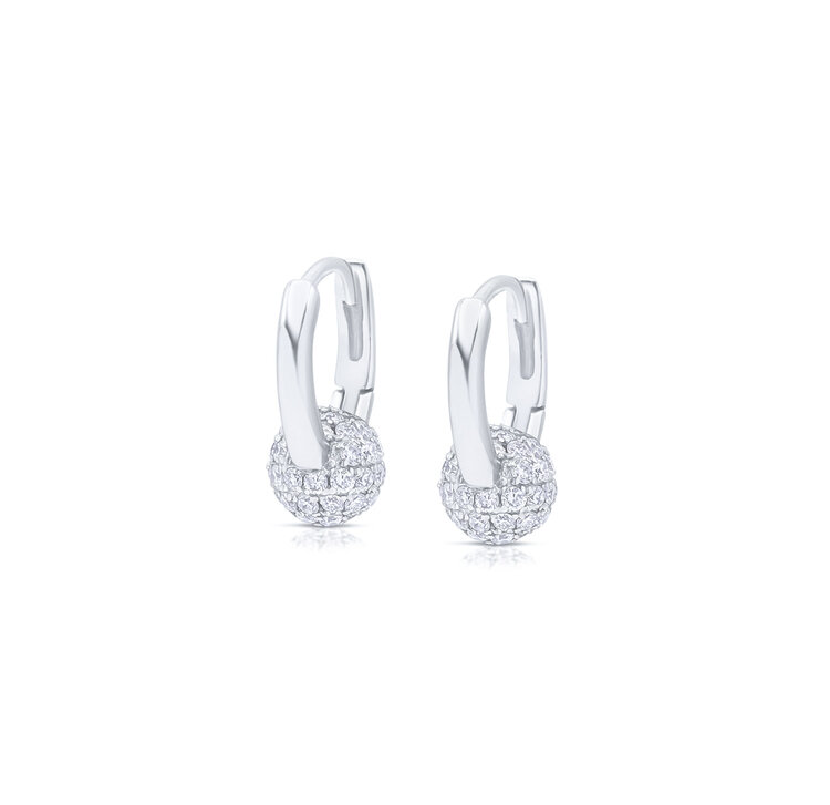 LAB Diamond Silver Huggie Earrings with Pave Ball