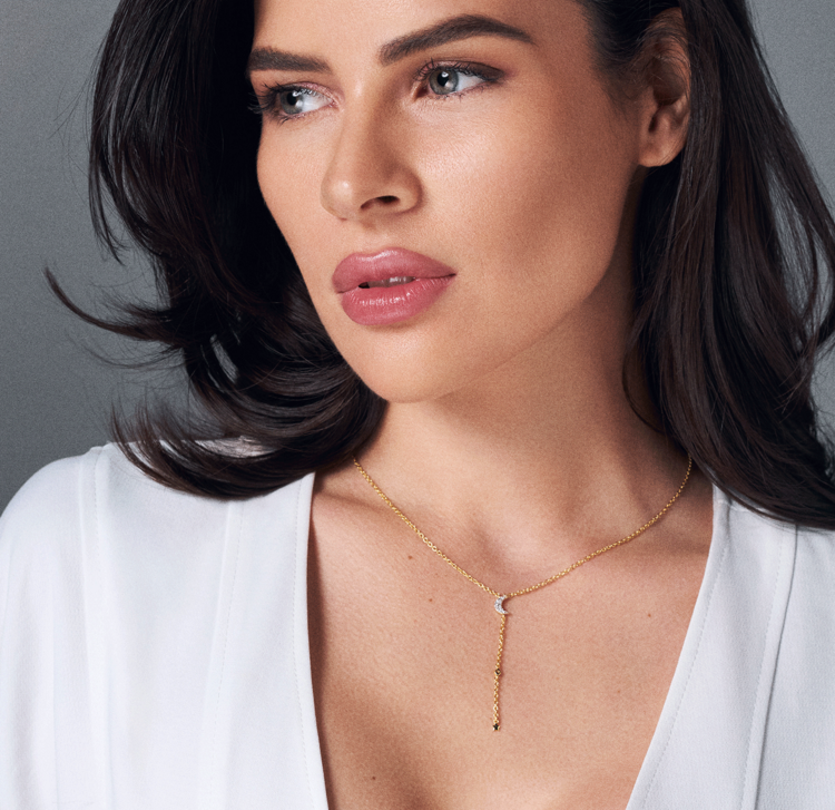 LAB Diamond Silver Lariat Necklace with Moon