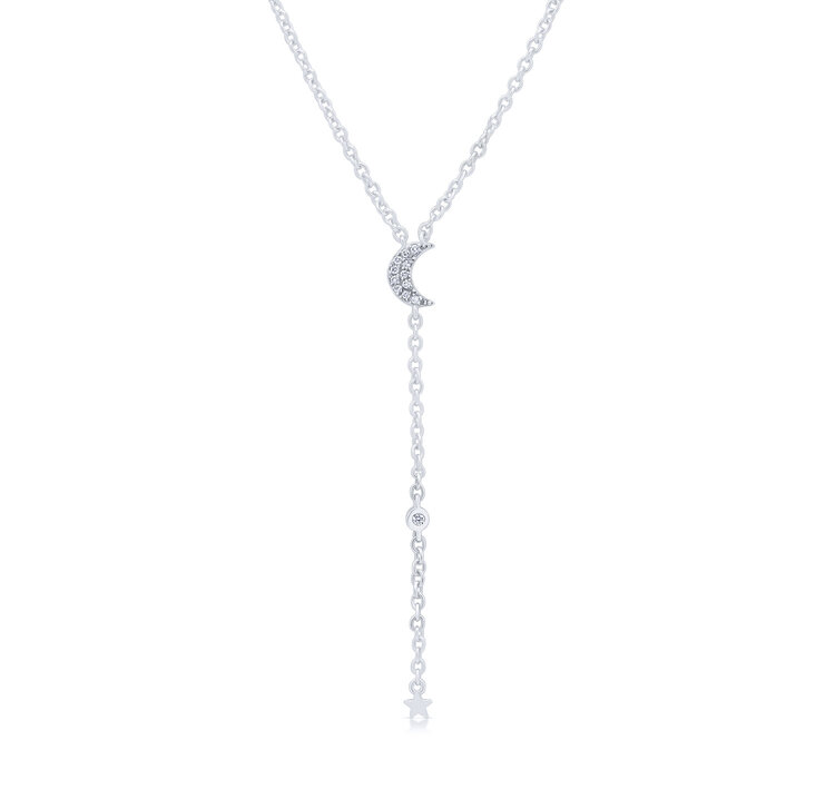 LAB Diamond Silver Lariat Necklace with Moon