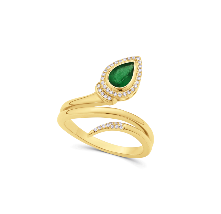 Pear-Shaped Emerald & Diamond Snake Ring