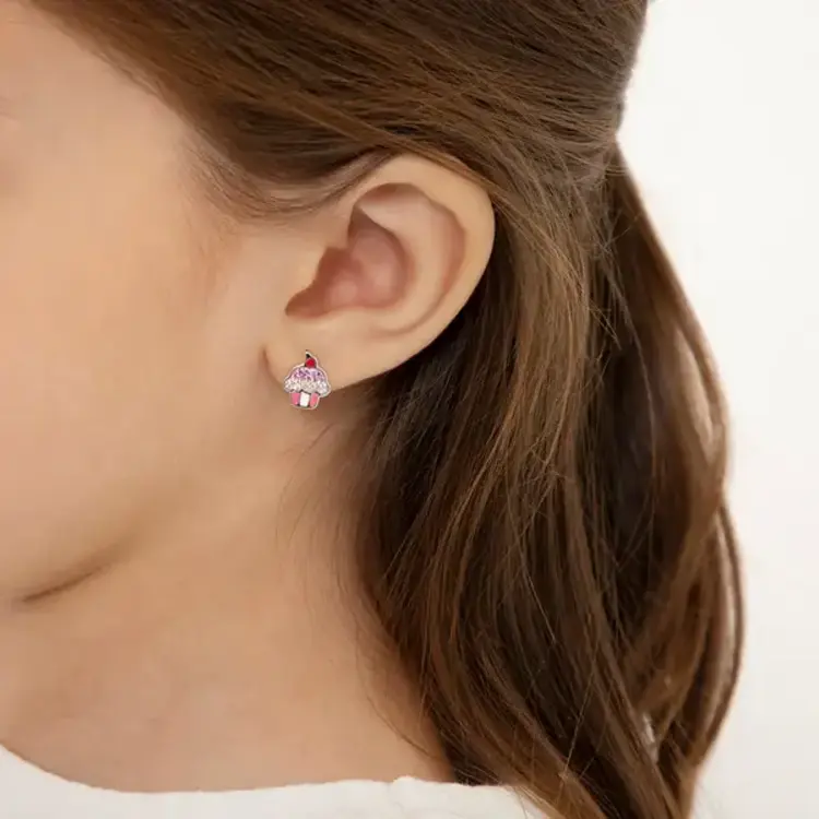Sterling Silver Colorful Cupcake with CZ Screw Back Earrings