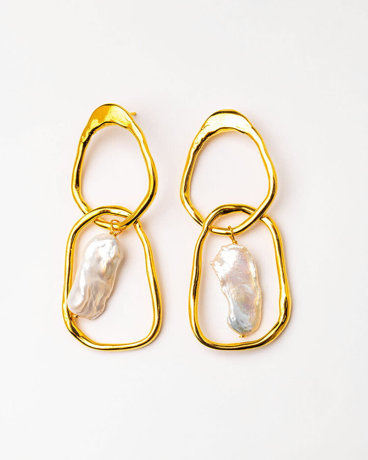 24K Gold Plated Double Link Earrings with Pearls