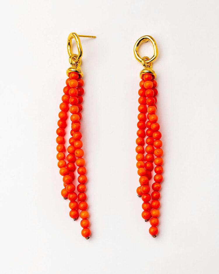 Gold Plated Bead Earrings With Red Quartz
