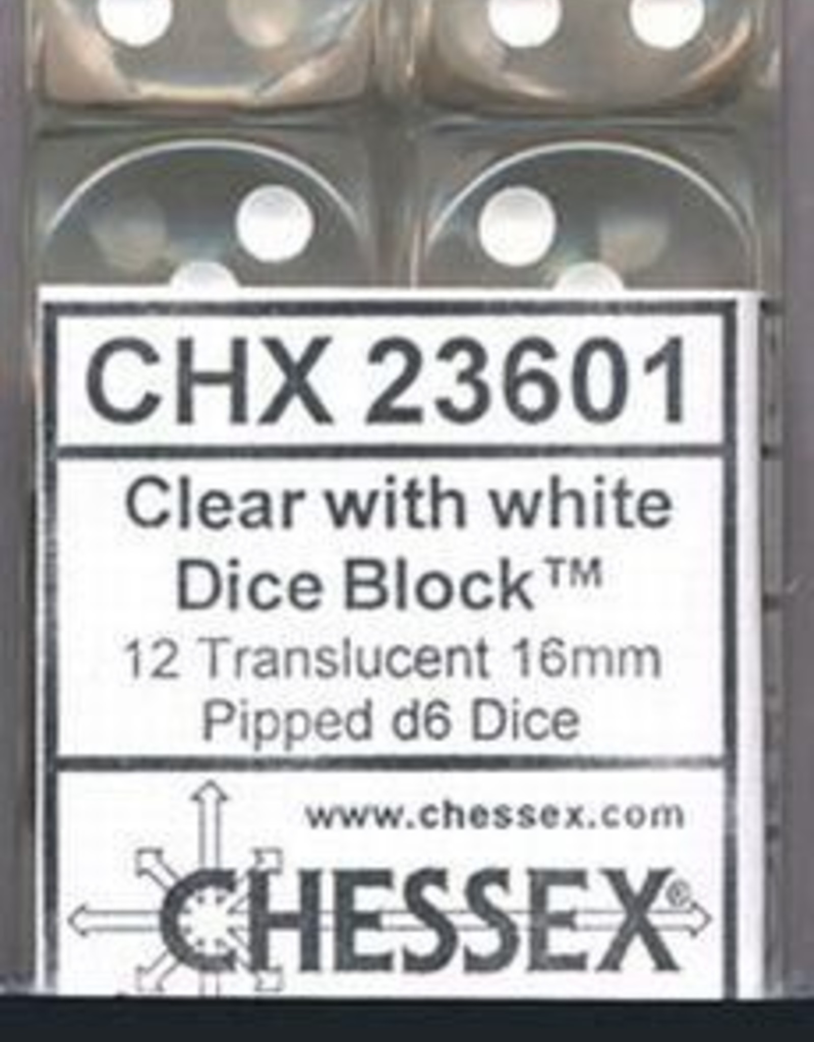 Chessex 16MM D6 Dice Set CHX23601 Translucent Clear/White