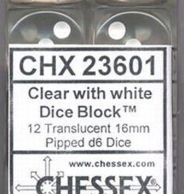 Chessex 16MM D6 Dice Set CHX23601 Translucent Clear/White