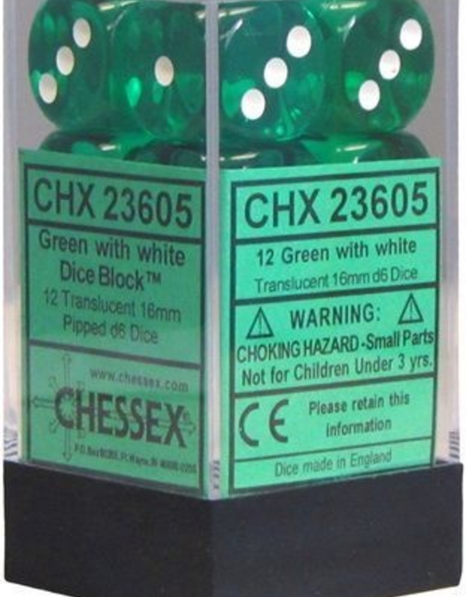 Chessex 16MM D6 Dice Set CHX23605 Translucent Green/White