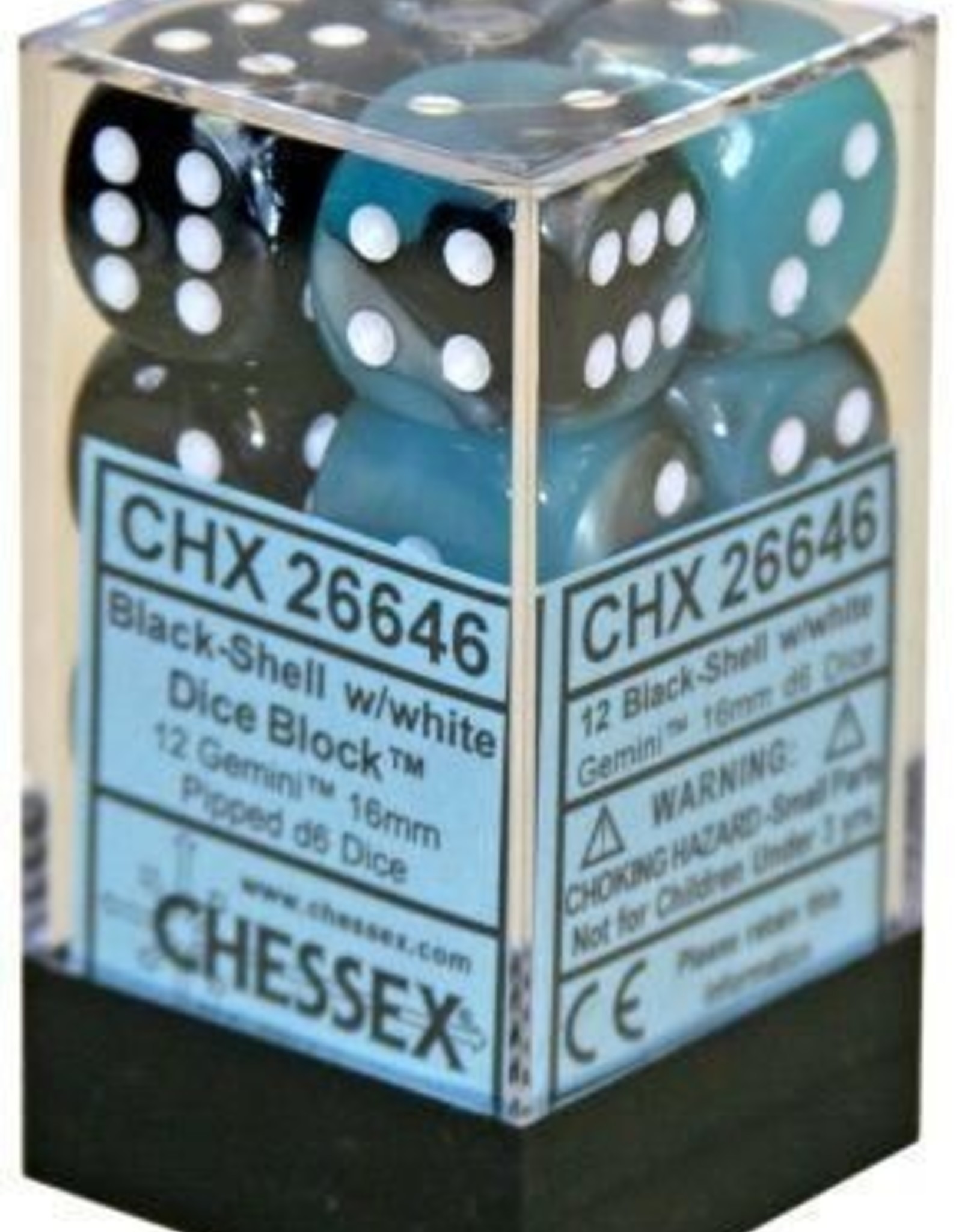 Chessex 16MM D6 Dice Set CHX26646 Gemini Black Shell/White