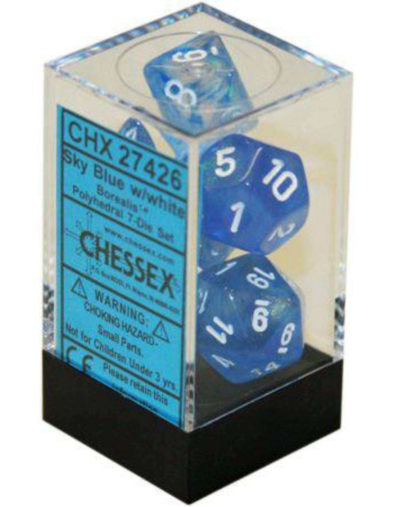 Chessex 7Ct Dice Set CHX27426 Borealis Sky Blue/White