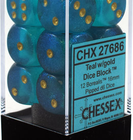 Chessex 16MM D6 Dice Set CHX27686 Borealis Teal/Gold