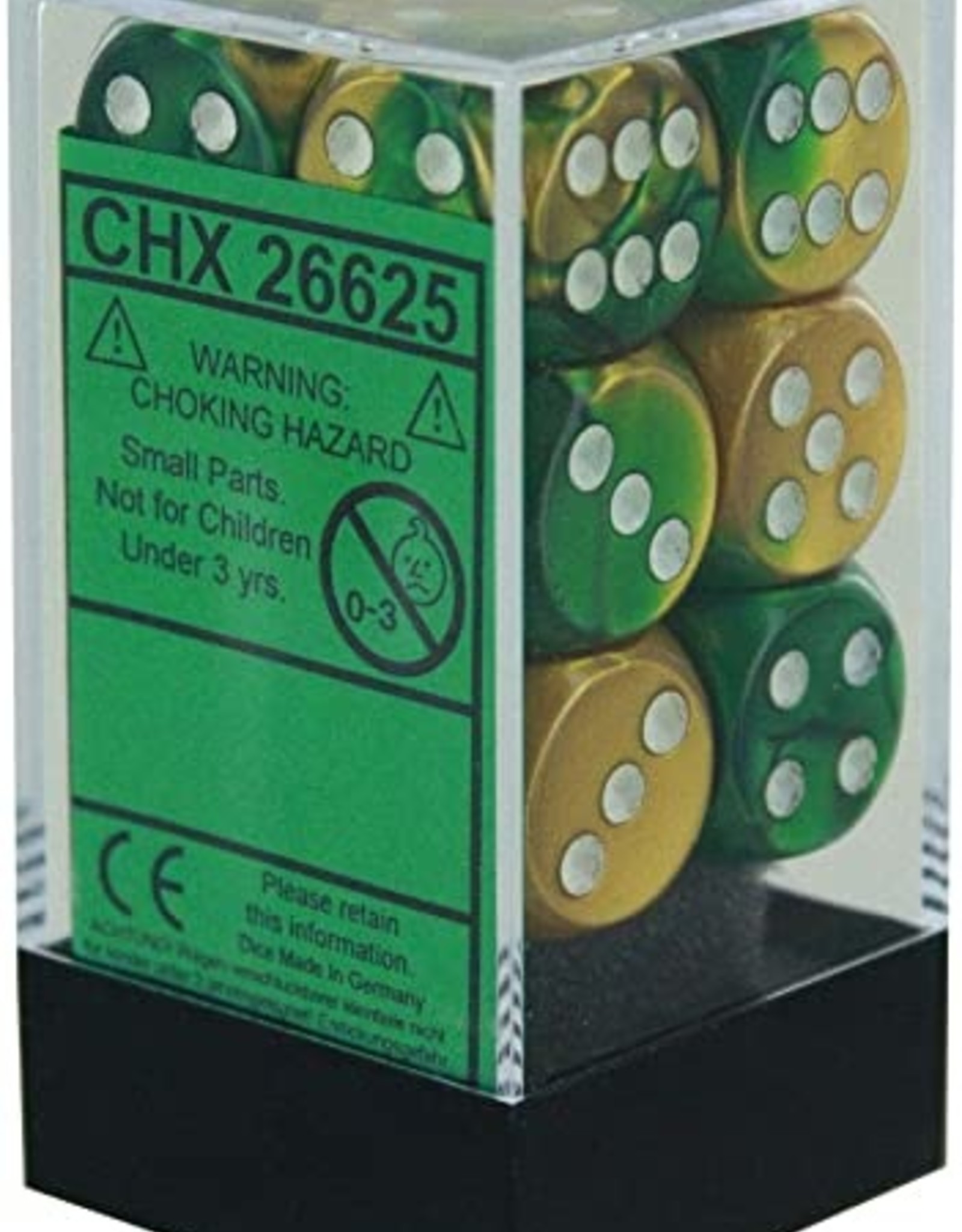 Chessex 16MM D6 Dice Set CHX26625 Gemini Gold Green/White