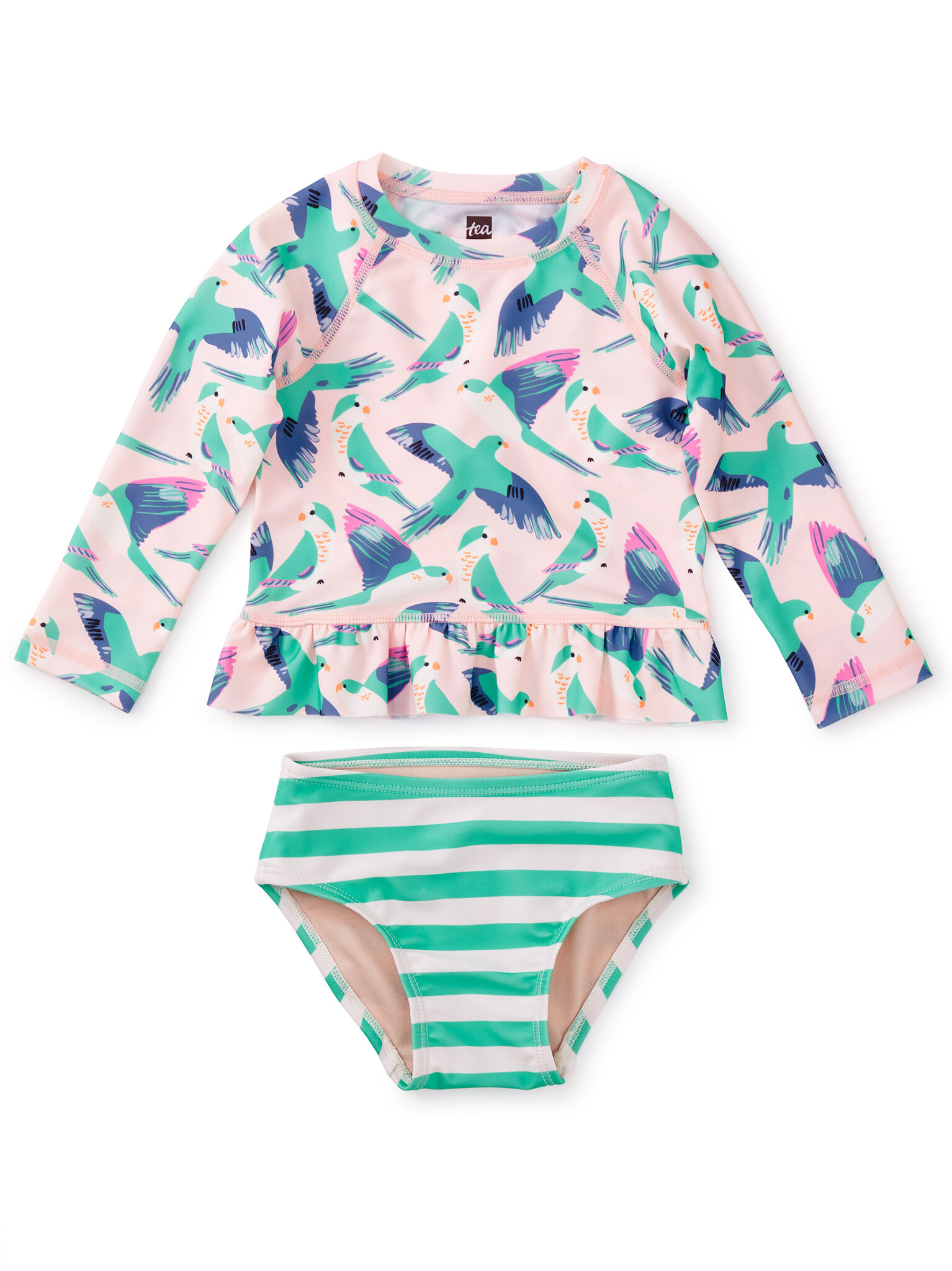 Tea Collection Long Sleeve Rash Guard & Bikini Set - Parrot Polka