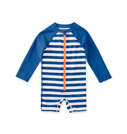 Tea Collection Long Sleeve Rash Guard Onesie - Blue Stripe/Orange Zipper