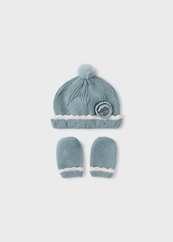 Mayoral Mayoral Winter Knit Crochet Bonnet & Mittens Set - Iceberg