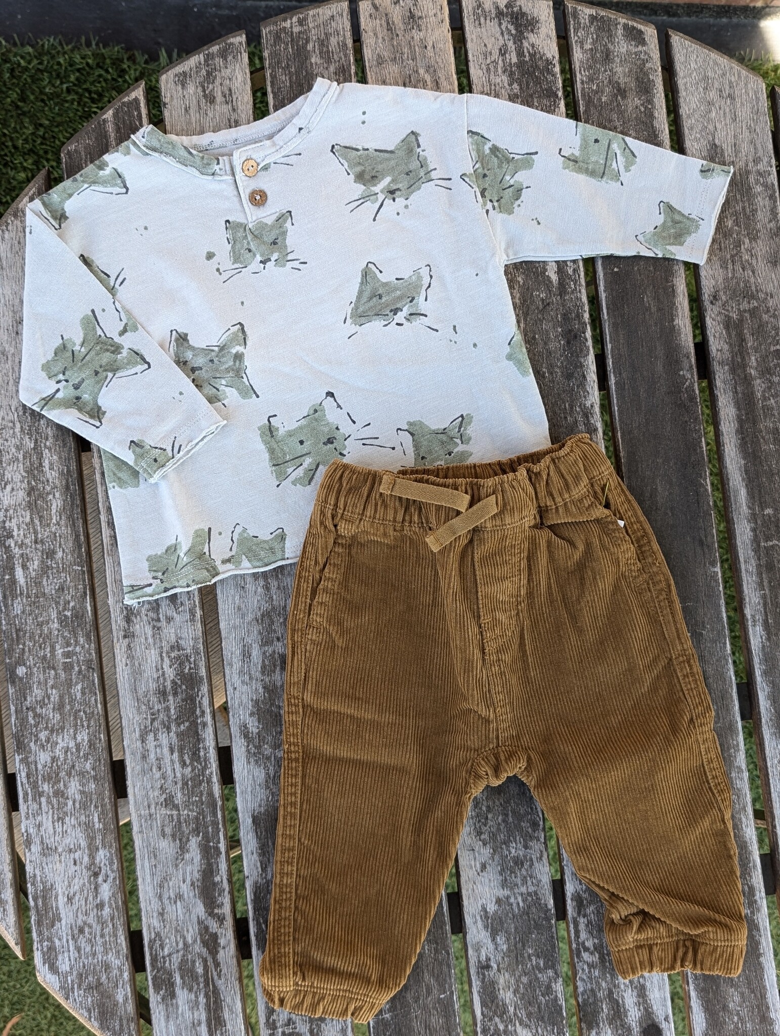 Play Up Kitty Print Henley Top and Corduroy Pant Set