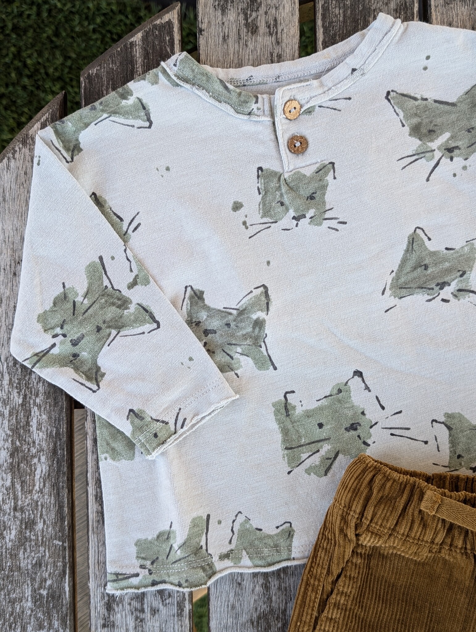 Play Up Kitty Print Henley Top and Corduroy Pant Set