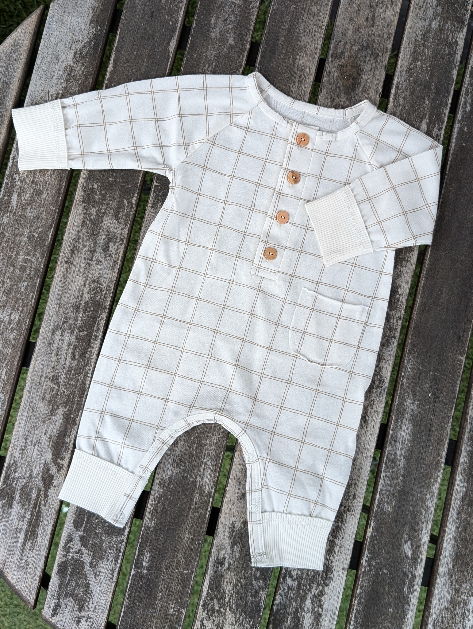 Snug Holden Taupe Check Button Romper