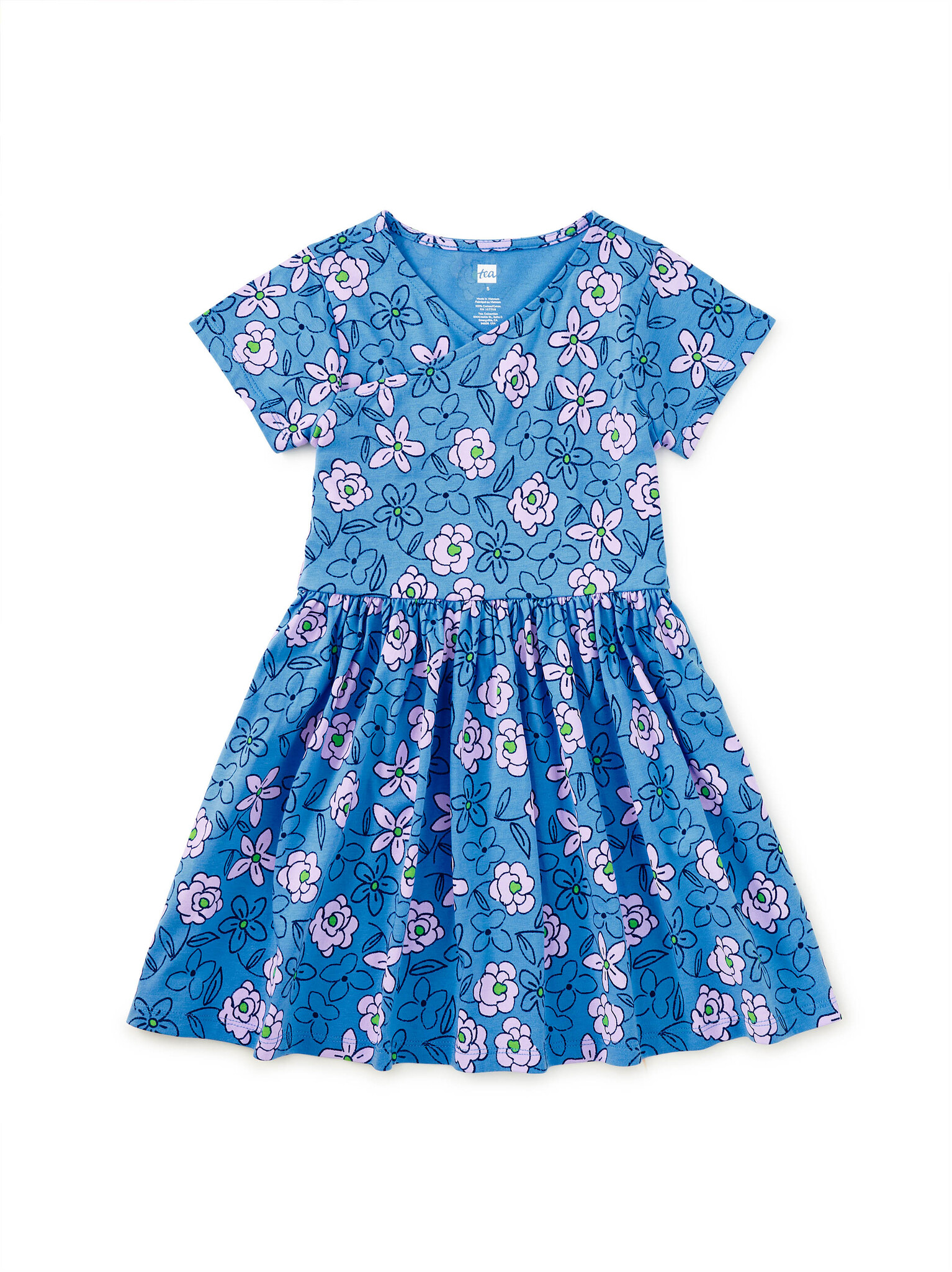 Tea Collection Short Sleeve Wrap Neck Dress - Carnation Toss