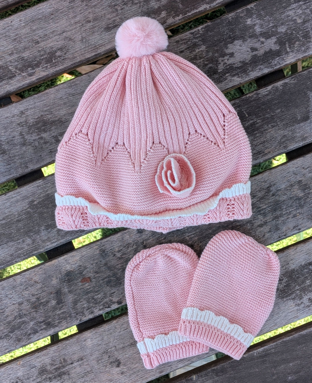 Mayoral Mayoral Winter Knit Crochet Bonnet & Mittens Set - Petal