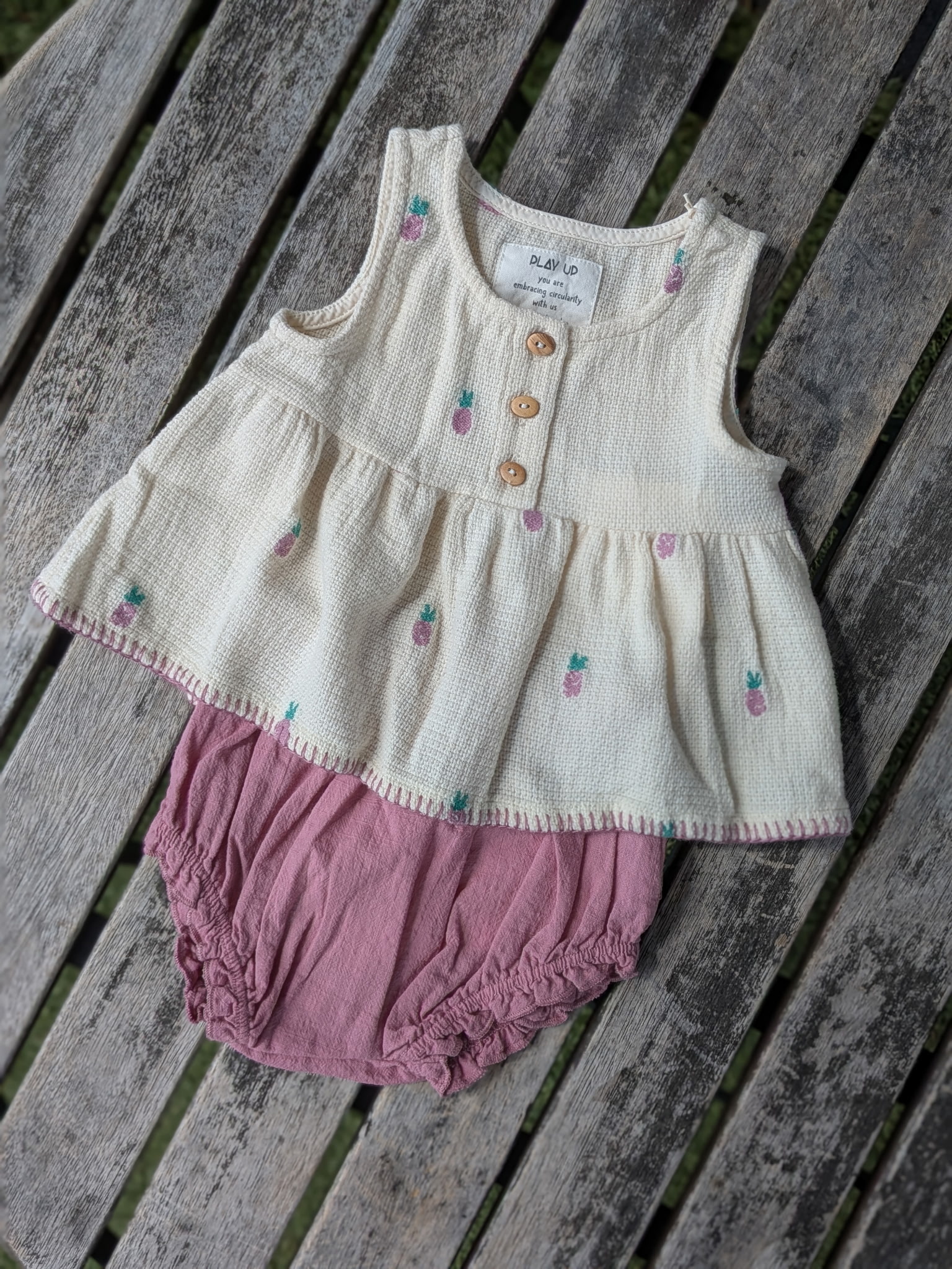 Play Up Embroidered Pineapples Organic Cotton Tunic & Bloomer Set