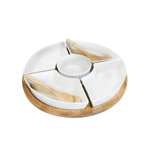 Round Bamboo Tray with 4-Piece Ceramic Bowls