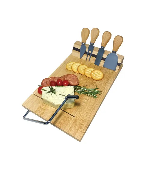 Cheese board with knives and slicing wire